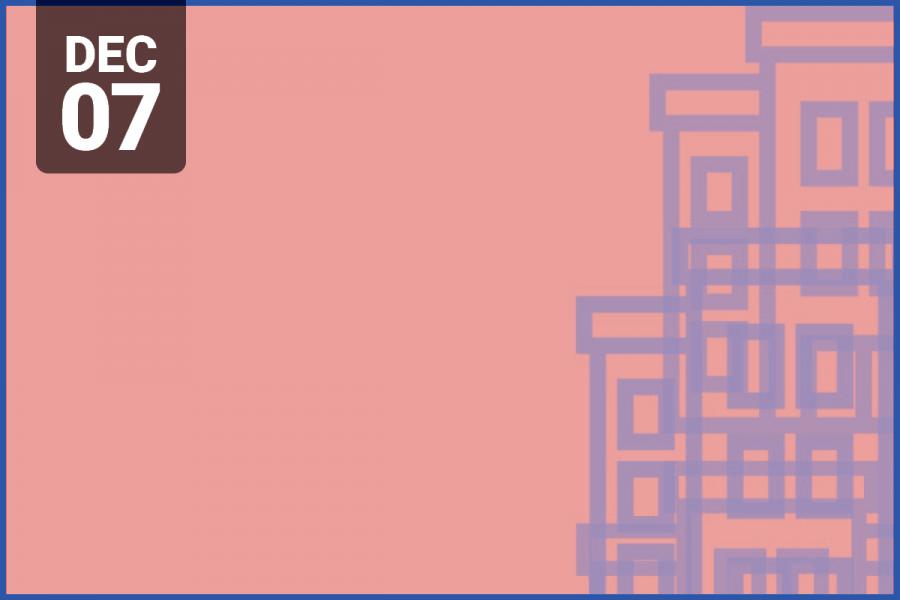 Graphic of abstract buildings with purple outline on pink background.